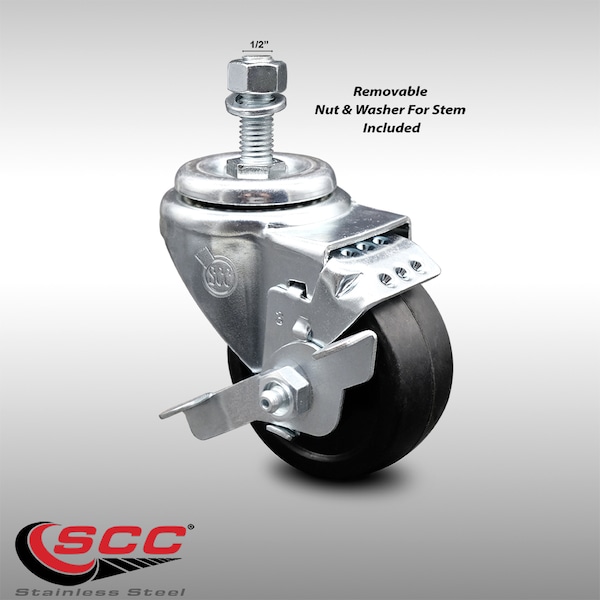 3 Inch SS Soft Rubber Wheel Swivel 1/2 Inch Threaded Stem Caster with Brake SCC